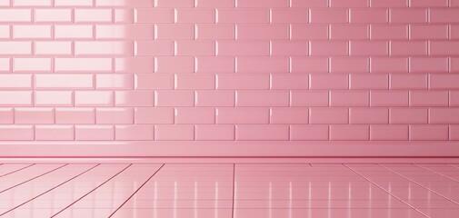 Poster - a seamless pink brick wall with a glossy floor, perfect for modern interior designs.