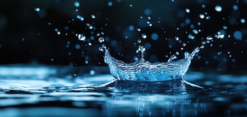 Poster - A stunning close-up of water droplets splashing on a serene blue surface.