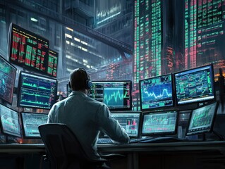 Poster - a trader in a bustling stock exchange monitors multiple screens displaying market data, emphasizing 