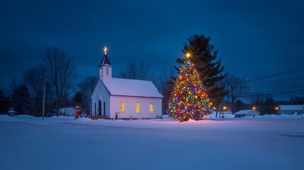 Wall Mural - Peaceful snowy evening with illuminated church and festive christmas tree