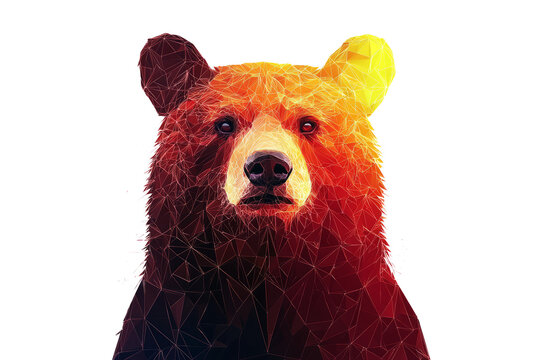 Low poly bear portrait with radiant red geometric lines, set on a white background