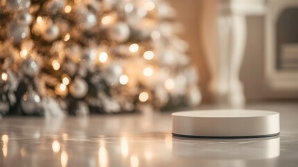 Poster - A white, round platform sits on a marble surface. The surface reflects the warm, soft light emanating from a Christmas tree, blurred in the background.