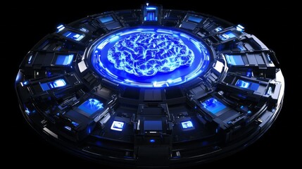 Poster - A blue and black image of a brain with a blue background