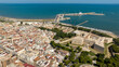 © Stefano Tammaro - Aerial view of the castle and the Basilica of Santa Maria Maggiore, cathedral of the town of Barletta, Puglia, Italy. In background is the Mediterranean seaport of the city.