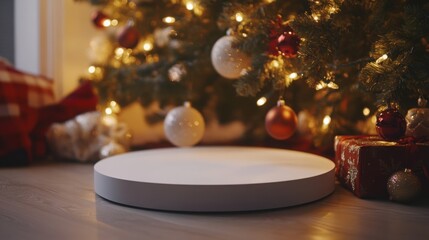 Poster - A white round platform sits on a wooden floor in front of a decorated Christmas tree. The tree is lit with lights, and there are ornaments hanging from the branches.