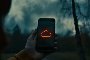 Poster - An entrepreneur holds a mobile phone with virtual cloud computing to transfer data information and download applications. Technology transformation concept.