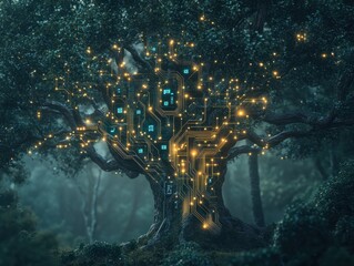 Poster - artificial intelligence tree with circuit board connections, symbolizing technology and innovation i