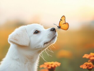 A butterfly landing on a puppy s nose, surrounded by bright zinnia flowers, both animals frozen in surprise, flower, cute animal, joy, discovery