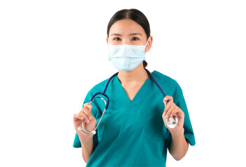 Healthcare professional wearing scrubs and stethoscope, smiling and posing, white isolate background.