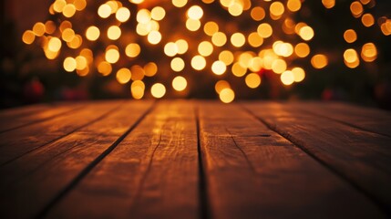 Poster - The image shows a wooden table, with several planks running lengthwise, illuminated by the warm, out-of-focus glow of string lights hanging in the background.