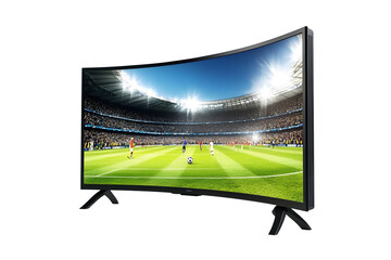 A curved television screen streaming a football game isolated on a transparent background