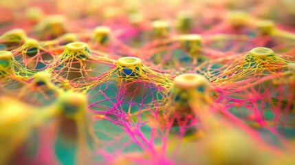 Poster - Abstract Representation of Complex Neural Network Connections with Bright Colors and Multicolored Threads Illustrating Technology and Innovation in Artificial Intelligence