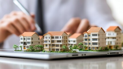Poster - Detailed Architectural Model Displayed on a Tablet with a Business Professional Planning Real Estate Development and Property Investment Strategies