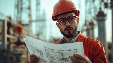 Poster - Concerned Construction Worker Examines Architectural Plans at Building Site Amidst Tower Cranes and Equipment, Showcasing Safety Protocols and Professionalism