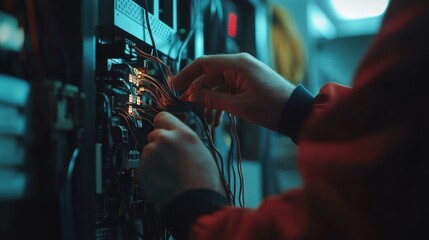 Poster - Technician Connecting Wires and Cables in a Server Room with Glowing LED Lights, Focus on Hands and Technical Equipment in Low Light Environment