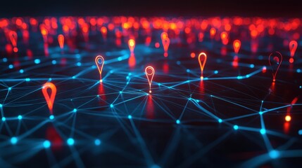 Poster - Futuristic Digital Network with Red and Blue Location Markers Representing Data Connections Across a Vast Virtual Landscape