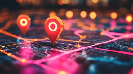 Poster - Colorful Map with Navigation Pins and Bright Neon Lines Representing Location Tracking and Route Planning in a Digital World