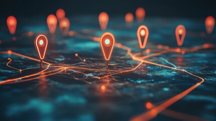 Poster - Abstract Digital Map with Bright Location Pins and Network Lines Representing Navigation, Connectivity, and Route Planning in a Modern Urban Environment