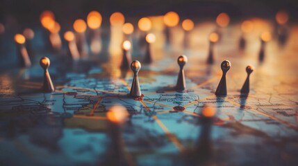 Poster - Colorful Map with Abstract Game Pieces and Glowing Lights, Symbolizing Adventure, Exploration, and Strategy in Travel or Game Concept