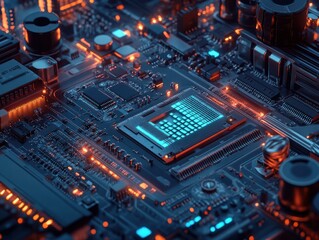 Poster - Close-up of a microprocessor on a circuit board, showcasing intricate details and a vibrant blue glow in a tech environment.