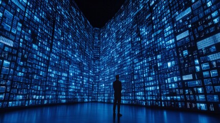 Poster - futuristic data visualization with a silhouette of a person surrounded by glowing blue digital scree