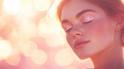 Poster - A woman is captured in a moment of tranquility, her eyes closed and a gentle smile on her face. She features shimmering makeup that sparkles under soft, pastel light, creating a dreamy atmosphere.