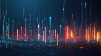 Poster - Abstract Digital Visual Representation of Sound Waves and Data Flow in Vibrant Colors, Highlighting the Interaction Between Technology and Art in a Futuristic Setting