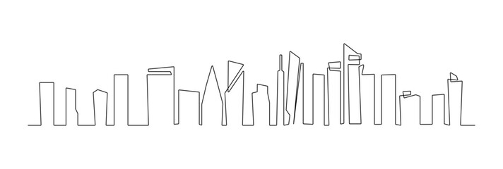 One line city. Skyscraper buildings, linear town cityscape and modern downtown or business district vector illustration set