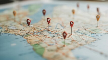 Poster - Colorful map with multiple location pins displayed prominently indicating various destinations, perfect for travel planning and navigation concepts in a vibrant setting.