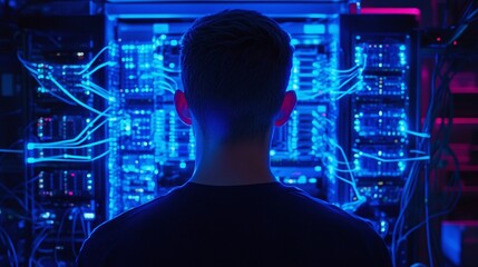 Poster - Person Standing in Front of Blue Lighting Data Server in a Dark Room, Engaged in Technology Setup and Network Management for Digital Operations