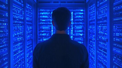 Poster - Person Stands in Front of Data Server Room with Blue LED Lights, Reflecting Modern Technology and Data Storage Environment