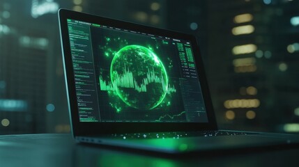 Aufkleber - Digital Screen Displaying Green Data Visualization with Globe and Graphs Against Cityscape Background at Night for Technology and Innovation Themes