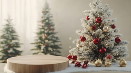 Poster - A warm indoor atmosphere showcases three beautifully decorated Christmas trees adorned with red and gold ornaments. Soft lighting enhances the holiday spirit, with a wooden platform ready for gifts.