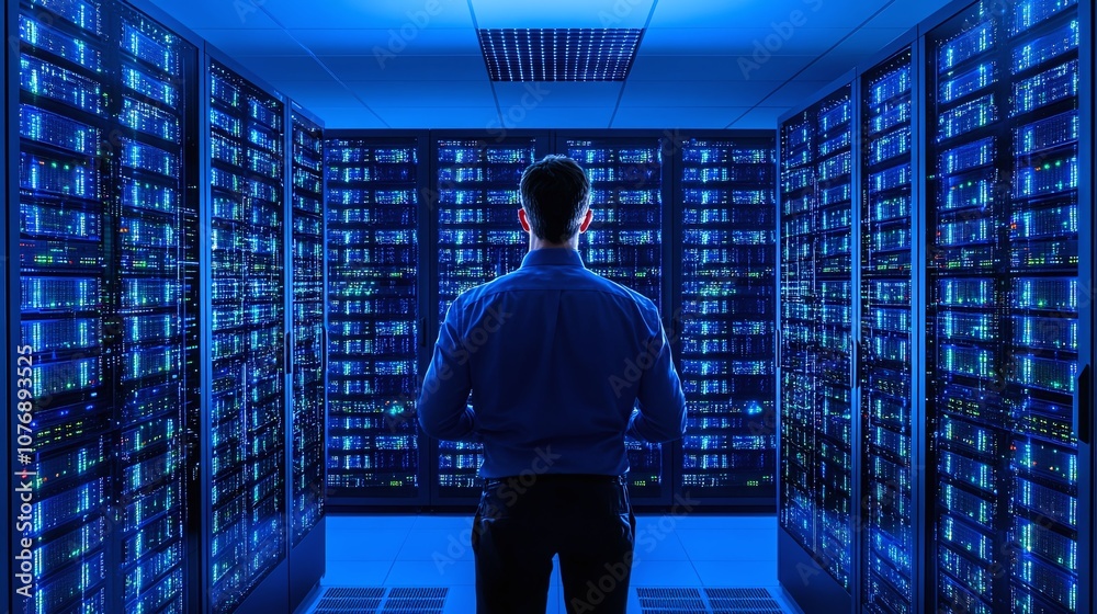 Professional IT Technician Analyzing Server Data in a Modern Data ...