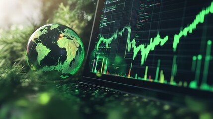 Poster - Modern laptop displaying green stock market graph alongside a globe surrounded by greenery symbolizing growth in finance and environmental sustainability