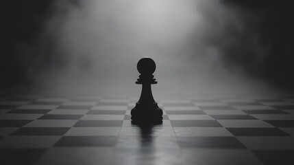 Poster - Chess Pawn in Silhouette on a Foggy Chessboard Representing Strategy and Decision-Making in a Game of Chess with a Dramatic Mood and Atmosphere