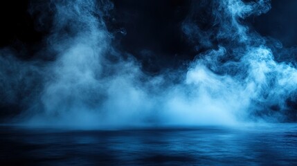 Poster - Ethereal Blue Smoke Billowing Over a Dark Surface Generating Mystical Atmosphere and Depth Perfect for Fantasy Themes and Abstract Art Project Backgrounds
