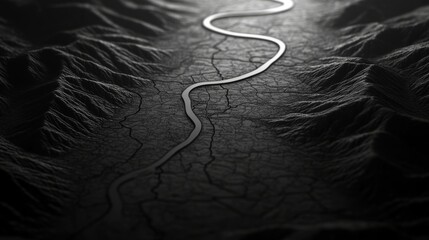 Poster - Abstract Terrain Landscape with Curving Pathway Depicting Shadows and Textures in Black and White, Ideal for Creative and Artistic Concepts