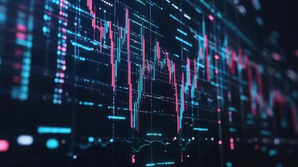 Poster - Abstract digital financial trading chart with vibrant neon colors and complex data analysis patterns representing market trends and stock fluctuations