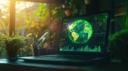 Poster - Futuristic Laptop Displaying Green Digital Earth with Financial Charts and Eco-Friendly Elements in Vibrant Office Environment