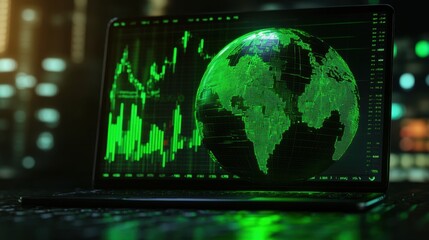 Poster - Digital Global Finance Concept with Green Chart and Earth Visualization on Laptop Screen, Depicting Stock Market Trends and Data Analysis in Modern Technology Environment