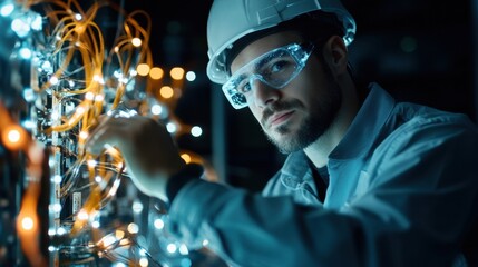 Poster - Professional Technician Working on High-Tech Circuit Board with Illuminated Wires in a Dark Laboratory Setting, Wearing Safety Gear and Focused Expression