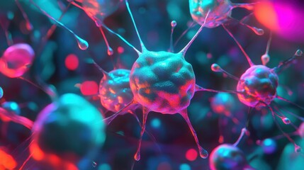 Poster - Vibrant Abstract Representation of Microscopic Cells with Glowing Effects and Colorful Lighting in a Dark Background for Scientific Illustration and Medical Visualization