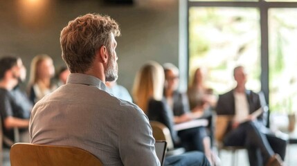 Poster - Attentive audience participating in a business meeting while a speaker presents, with a focus on individual in foreground and blurred group behind.