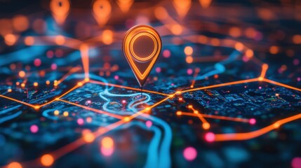 Poster - High-tech digital map with glowing location pins and vibrant lights showcasing modern navigation technology and urban landscape in a virtual environment.