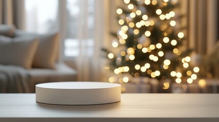 Aufkleber - In a warm and inviting living room, a blank circular surface awaits festive ornaments, with a sparkling Christmas tree in the background, radiating holiday cheer through soft lighting.