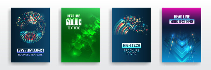 Modern technology design for posters. Futuristic background for flyer, brochure. Scientific cover template for presentation, banner. Page layout set for sci-fi. Set of high-tech covers for marketing.