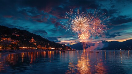 Wall Mural - A colorful fireworks display over a silent coastal bay with the water reflecting the lights The scene is peaceful and tranquil creating a serene celebration of light A magical night over the 