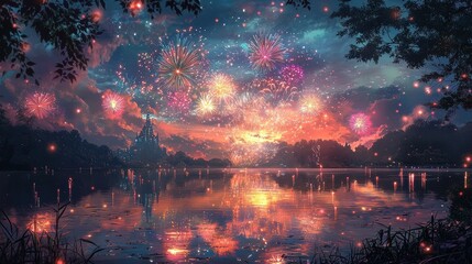 Wall Mural - A colorful fireworks show above a tranquil lake with reflections shimmering on the surface The scene is empty of people creating a serene and captivating moment A celebration of beauty in a 