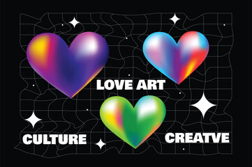 Poster - Three vibrant heart shapes on a grid background with text that emphasizes love. Vector illustration